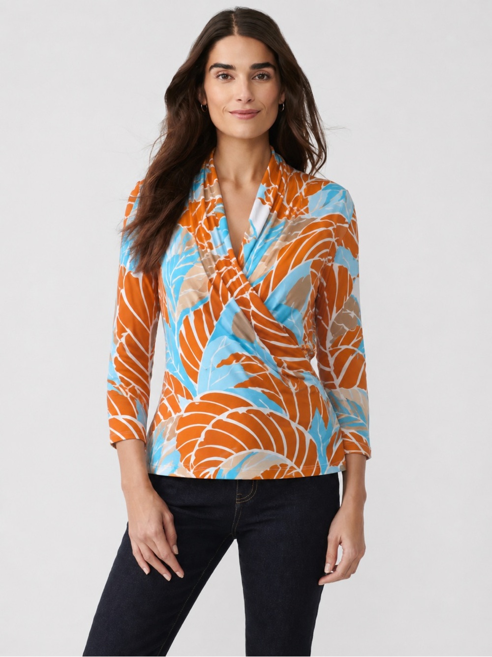 J.McLaughlin Gulf Wrap Top Tropical Print 3/4 Sleeve Resort Women Size M